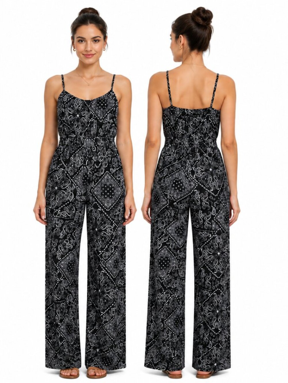 Jumpsuit No Comment Womens Black White Paisley Bandana Print Wide Leg Medium NEW